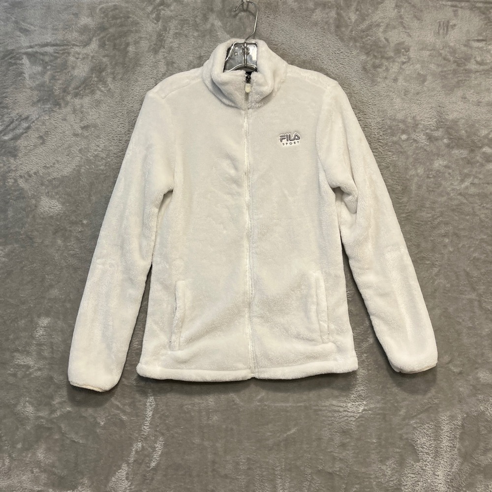 Fila Sport Fleece Jacket Womens Small White Full Zip Faux Fur Mock Neck